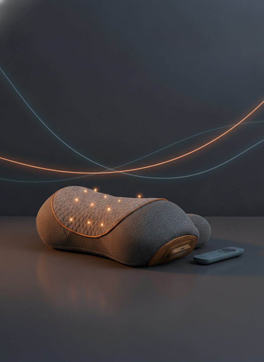 Close-up studio shot of a gray electric cervical massage pillow on a dark charcoal surface with a slate blue background.
